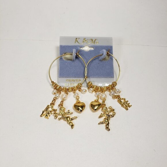 Women's Polished Gold tone Beaded Hoop Design Drop Earrings - Dangling Charms - Picture 4 of 5